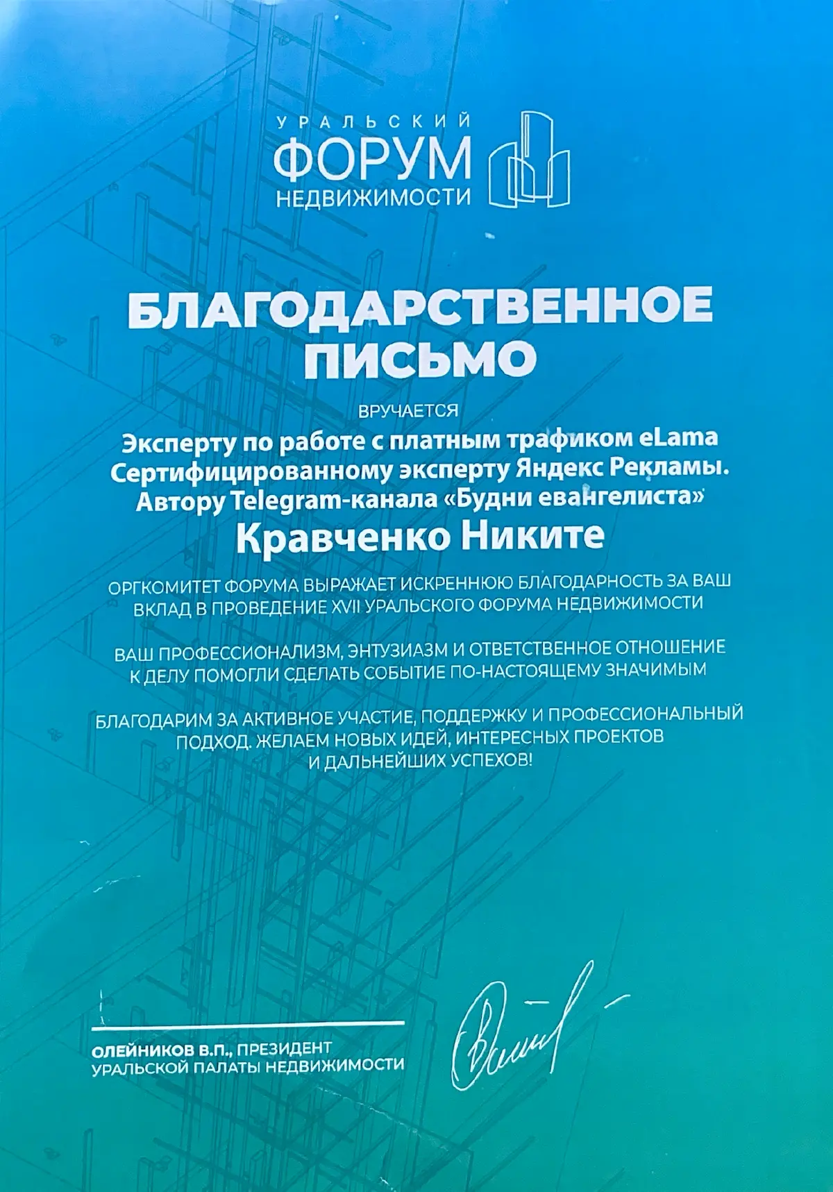 Благодарность за участие в конференции Никите Кравченко